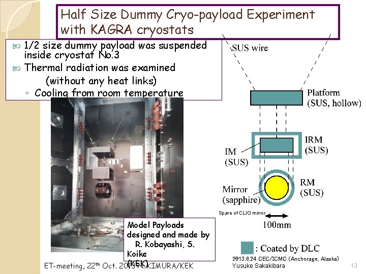 Half Size Dummy Cryo-payload Experiment with KAGRA cryostats 1/2 size dummy payload was suspended