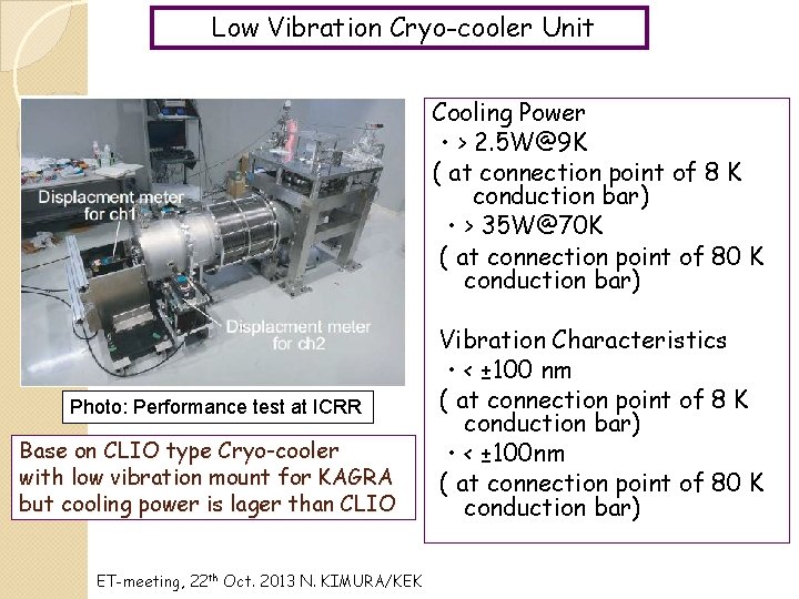 Low Vibration Cryo-cooler Unit Cooling Power ・> 2. 5 W@9 K ( at connection