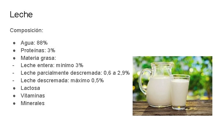 Leche Composición: ● ● ● Agua: 88% Proteínas: 3% Materia grasa: Leche entera: mínimo