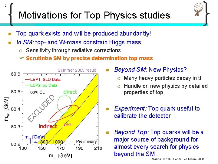 2 Motivations for Top Physics studies Sensitivity through radiative corrections F Scrutinize SM by