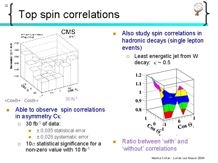 22 Top spin correlations n Also study spin correlations in hadronic decays (single lepton