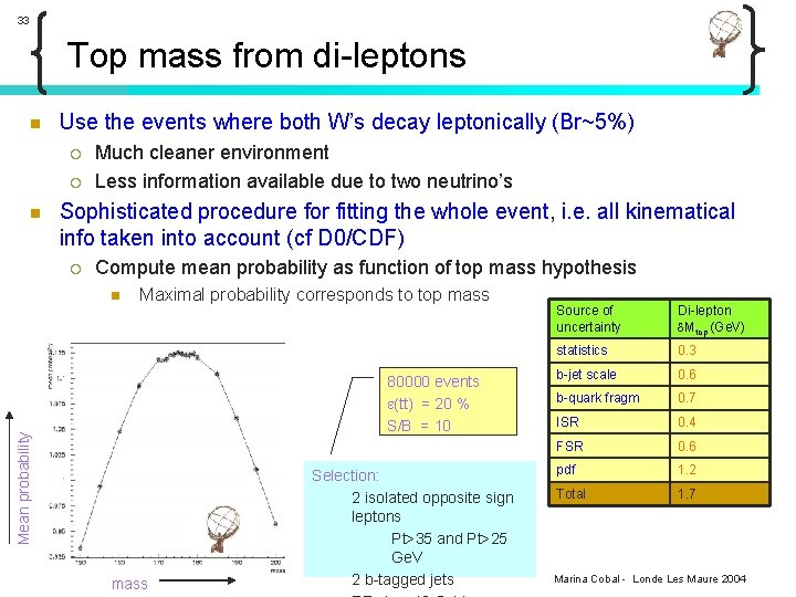 33 Top mass from di-leptons n Use the events where both W’s decay leptonically