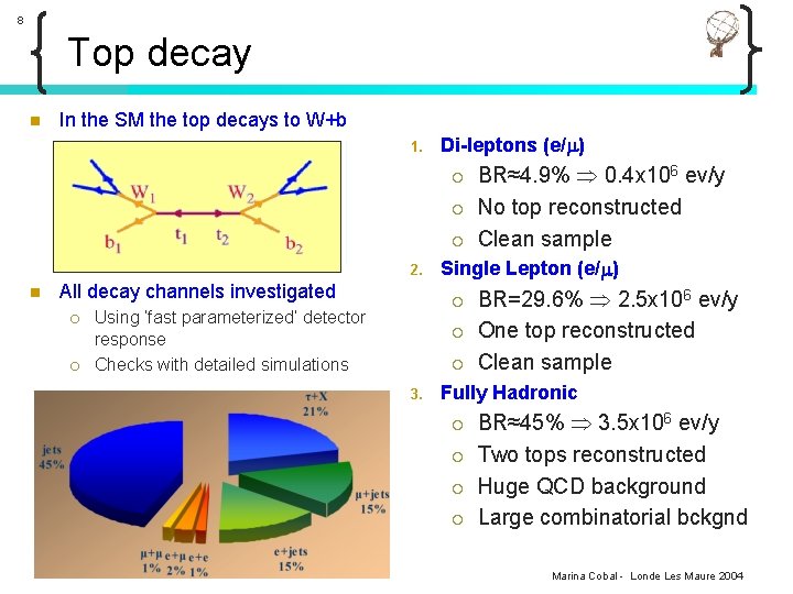 8 Top decay n In the SM the top decays to W+b 1. Di-leptons