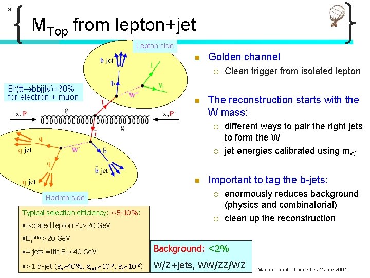 9 MTop from lepton+jet Lepton side n Golden channel ¡ Br(tt bbjjl )=30% for