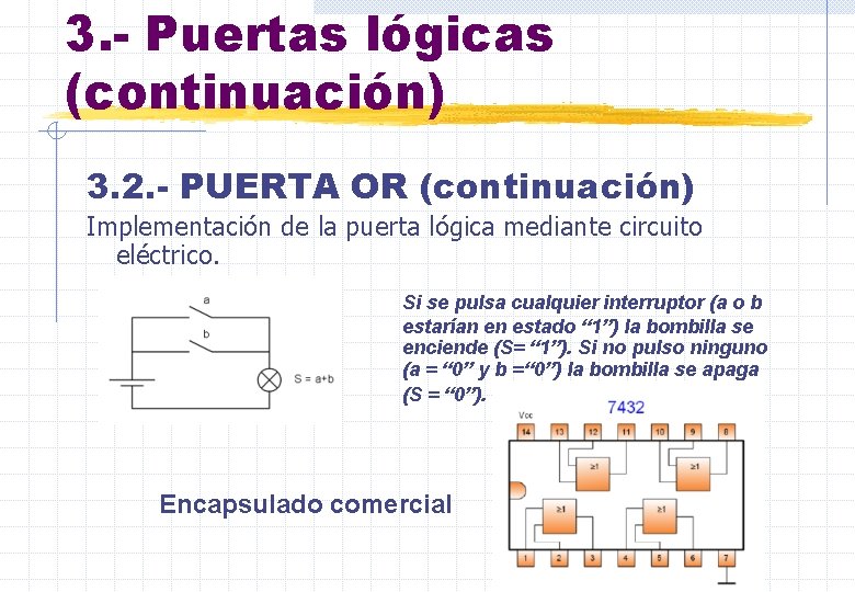 3. - Puertas lógicas (continuación) 3. 2. - PUERTA OR (continuación) Implementación de la