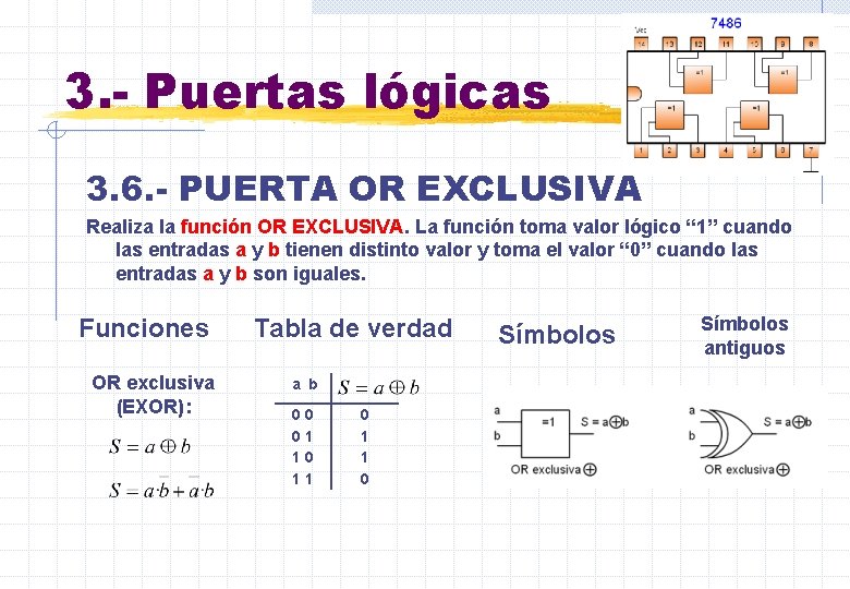 3. - Puertas lógicas 3. 6. - PUERTA OR EXCLUSIVA Realiza la función OR