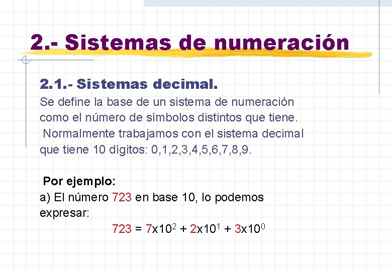 2. - Sistemas de numeración 2. 1. - Sistemas decimal. Se define la base