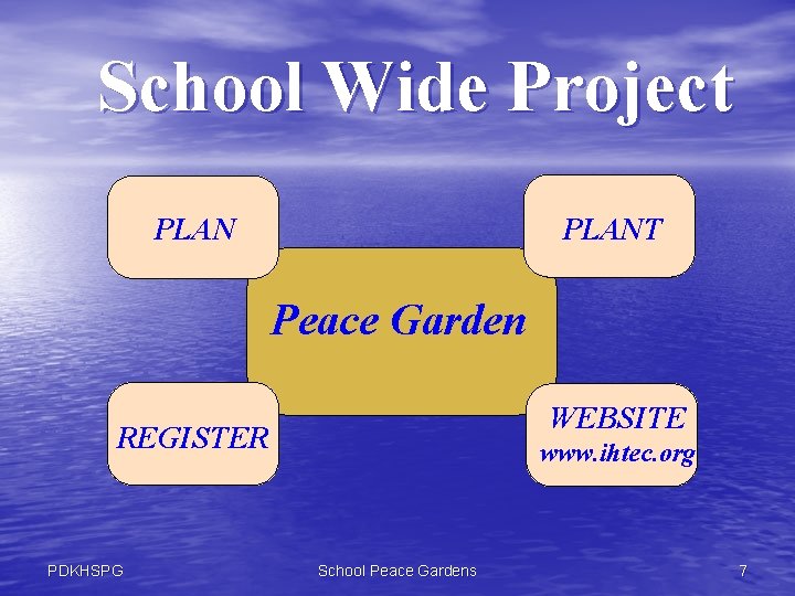 School Wide Project PLANT Peace Garden WEBSITE REGISTER PDKHSPG www. ihtec. org School Peace