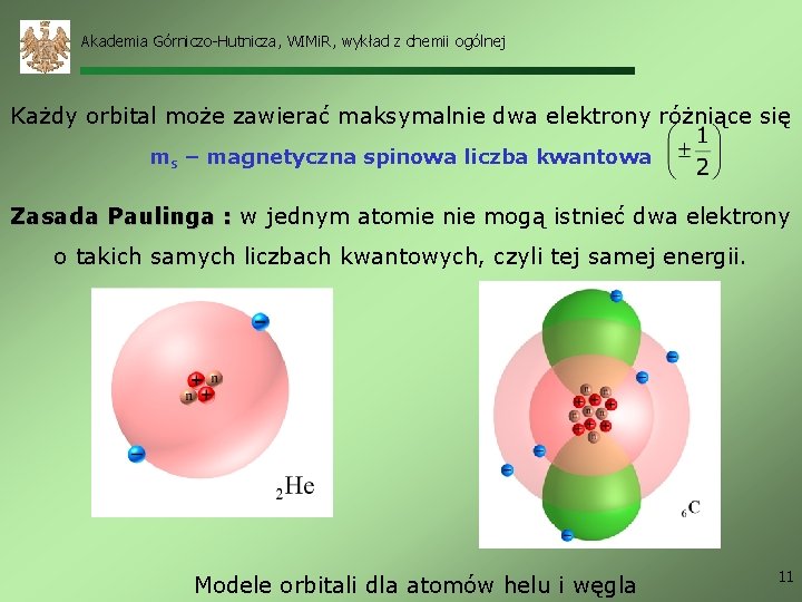 Akademia Górniczo-Hutnicza, WIMi. R, wykład z chemii ogólnej Każdy orbital może zawierać maksymalnie dwa