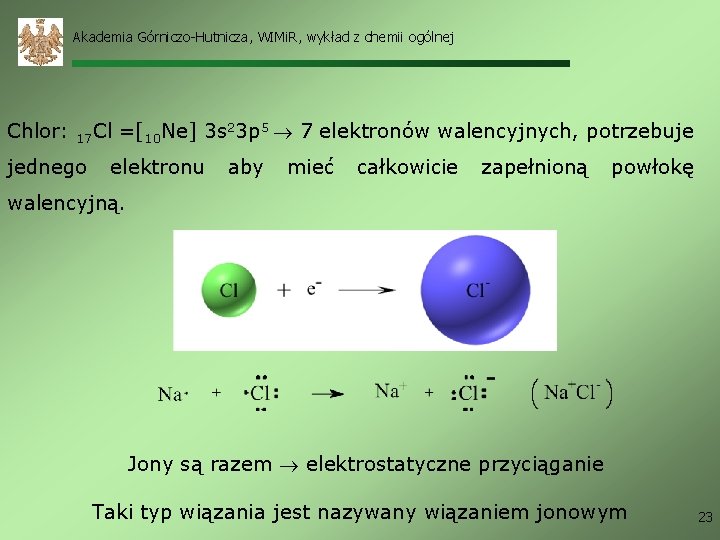 Akademia Górniczo-Hutnicza, WIMi. R, wykład z chemii ogólnej Chlor: 17 Cl jednego =[10 Ne]