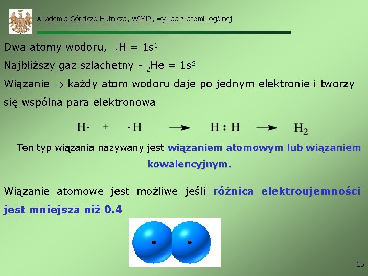 Akademia Górniczo-Hutnicza, WIMi. R, wykład z chemii ogólnej Dwa atomy wodoru, 1 H =