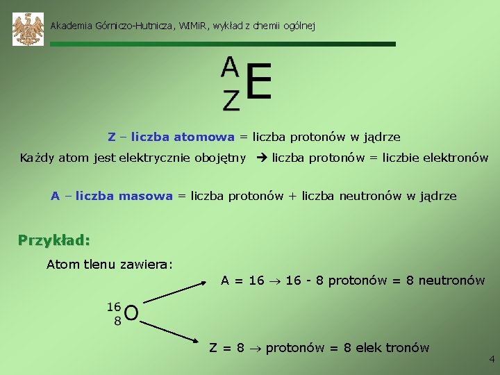 Akademia Górniczo-Hutnicza, WIMi. R, wykład z chemii ogólnej Z – liczba atomowa = liczba