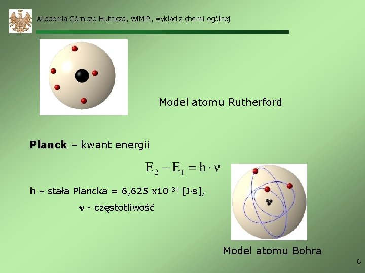 Akademia Górniczo-Hutnicza, WIMi. R, wykład z chemii ogólnej Model atomu Rutherford Planck – kwant