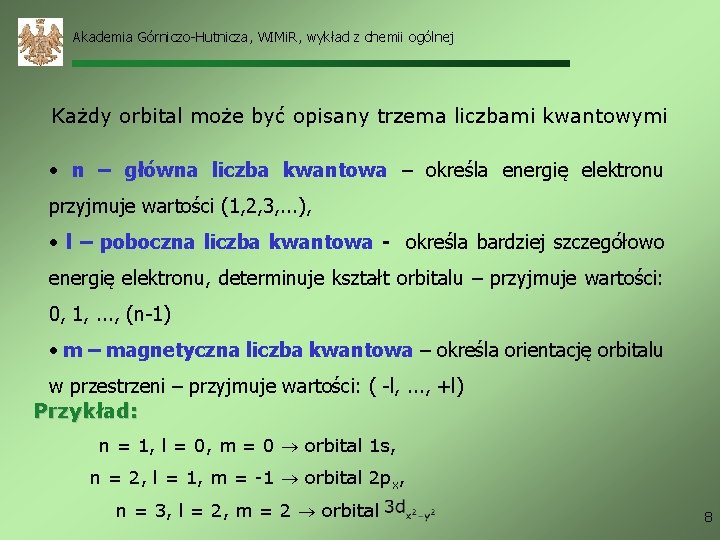 Akademia Górniczo-Hutnicza, WIMi. R, wykład z chemii ogólnej Każdy orbital może być opisany trzema