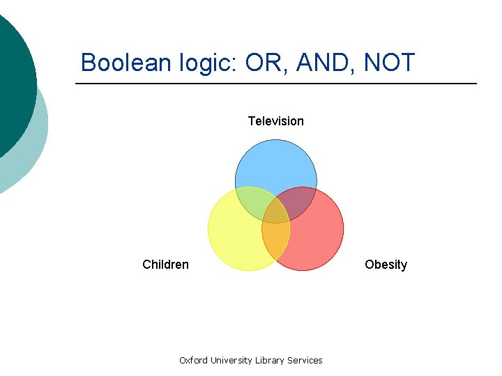 Boolean logic: OR, AND, NOT Television Children Oxford University Library Services Obesity 
