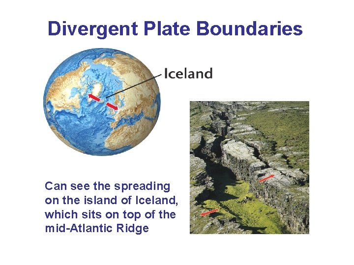 Divergent Plate Boundaries Can see the spreading on the island of Iceland, which sits