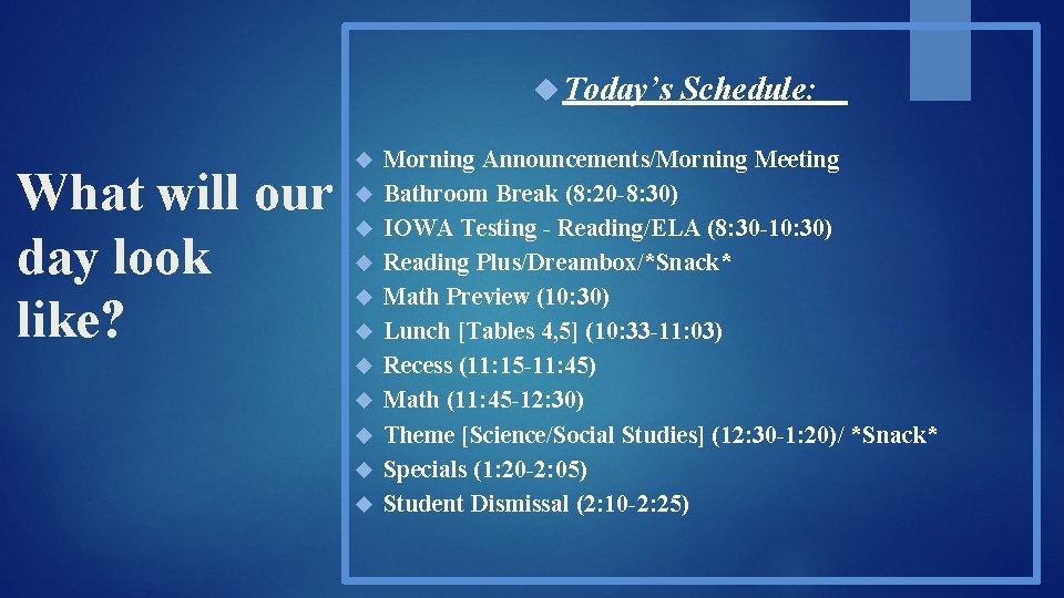  Today’s What will our day look like? Schedule: Morning Announcements/Morning Meeting Bathroom Break
