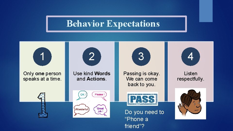 Behavior Expectations 1 2 3 4 Only one person speaks at a time. Use