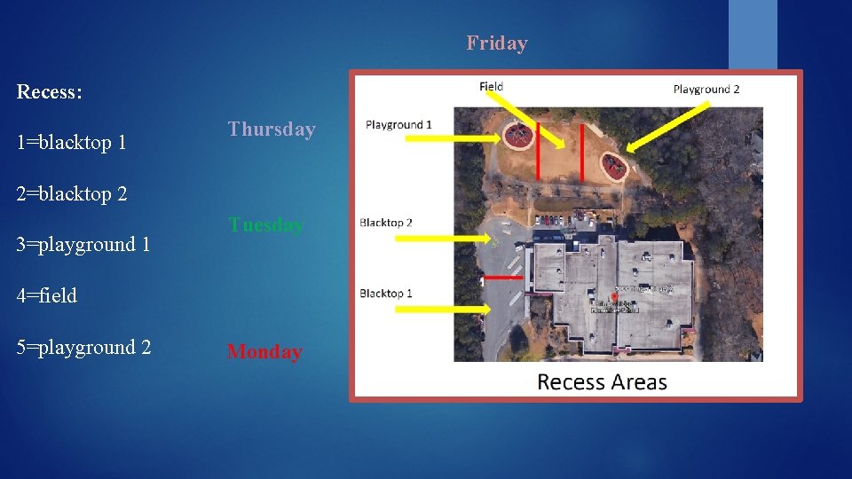 Friday Recess: 1=blacktop 1 Thursday 2=blacktop 2 3=playground 1 Tuesday 4=field 5=playground 2 Monday