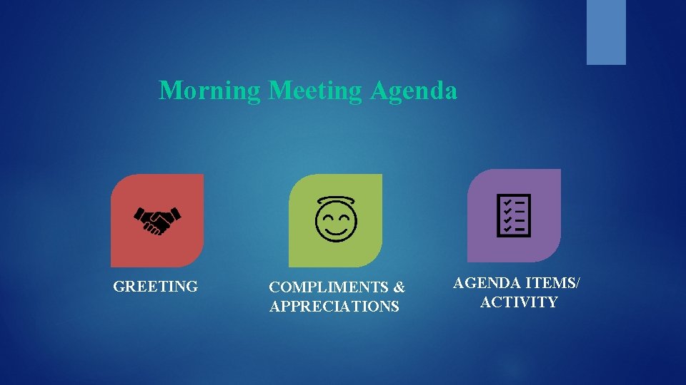 Morning Meeting Agenda GREETING COMPLIMENTS & APPRECIATIONS AGENDA ITEMS/ ACTIVITY 