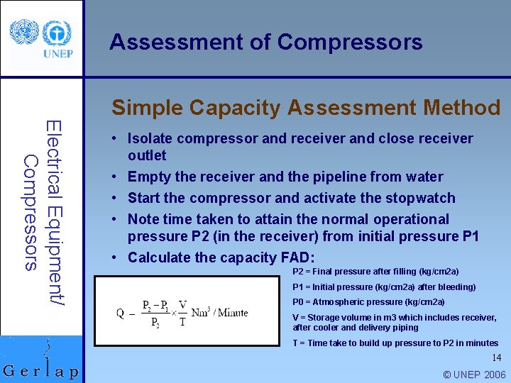 Assessment of Compressors Electrical Equipment/ Compressors Simple Capacity Assessment Method • Isolate compressor and