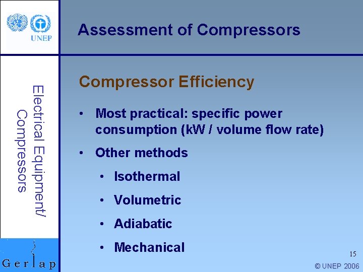 Assessment of Compressors Electrical Equipment/ Compressors Compressor Efficiency • Most practical: specific power consumption