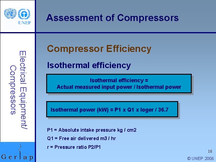 Assessment of Compressors Electrical Equipment/ Compressors Compressor Efficiency Isothermal efficiency = Actual measured input