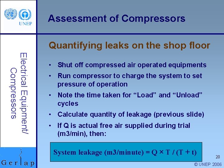 Assessment of Compressors Quantifying leaks on the shop floor Electrical Equipment/ Compressors • Shut