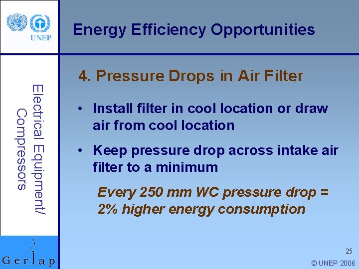 Energy Efficiency Opportunities Electrical Equipment/ Compressors 4. Pressure Drops in Air Filter • Install