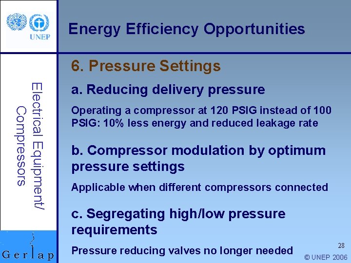 Energy Efficiency Opportunities 6. Pressure Settings Electrical Equipment/ Compressors a. Reducing delivery pressure Operating