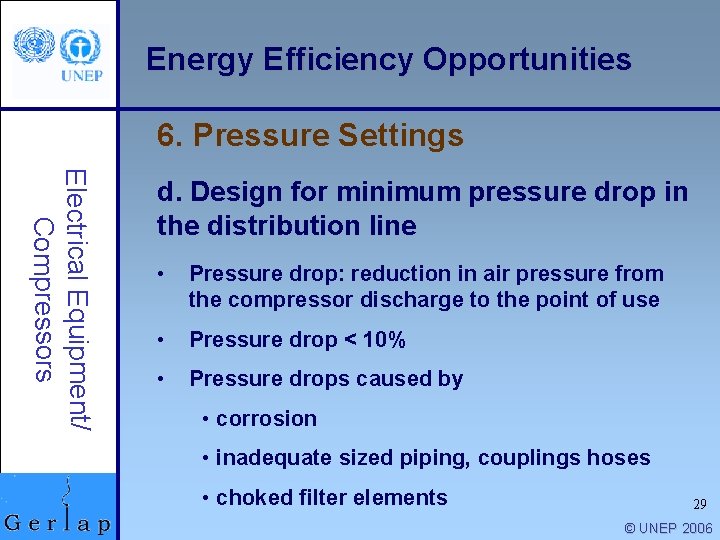 Energy Efficiency Opportunities 6. Pressure Settings Electrical Equipment/ Compressors d. Design for minimum pressure