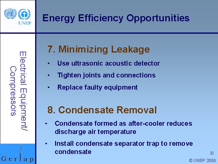 Energy Efficiency Opportunities Electrical Equipment/ Compressors 7. Minimizing Leakage • Use ultrasonic acoustic detector