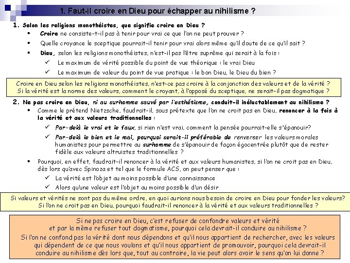 1. Faut-il croire en Dieu pour échapper au nihilisme ? 1. Selon les religions