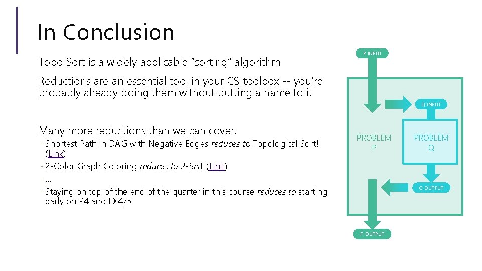 In Conclusion Topo Sort is a widely applicable “sorting” algorithm P INPUT Reductions are
