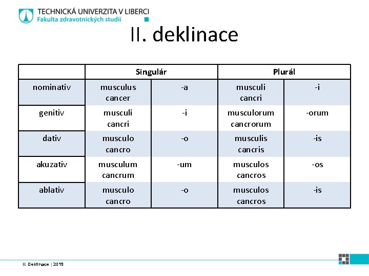 II. deklinace Singulár Plurál nominativ musculus cancer -a musculi cancri -i genitiv musculi cancri