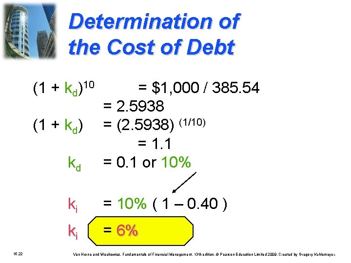 Determination of the Cost of Debt (1 + kd)10 kd = $1, 000 /