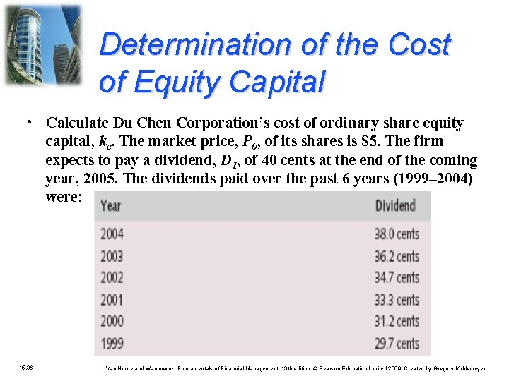 Determination of the Cost of Equity Capital • Calculate Du Chen Corporation’s cost of