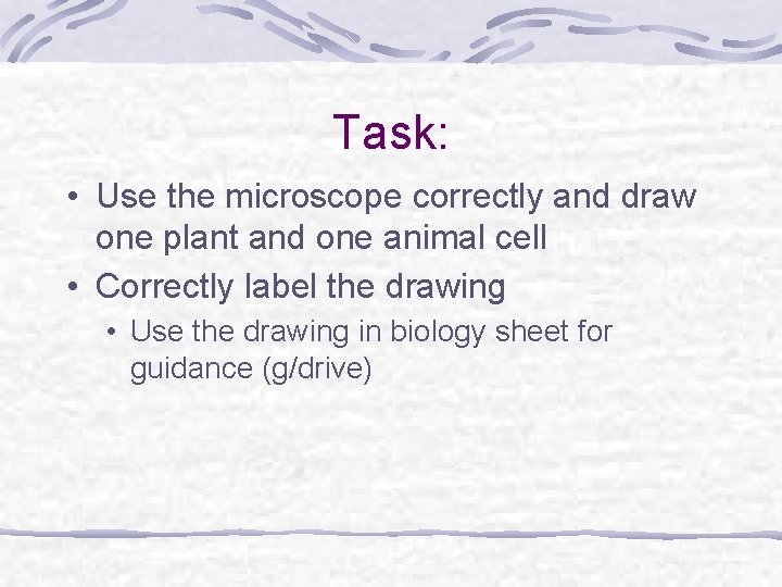 Task: • Use the microscope correctly and draw one plant and one animal cell
