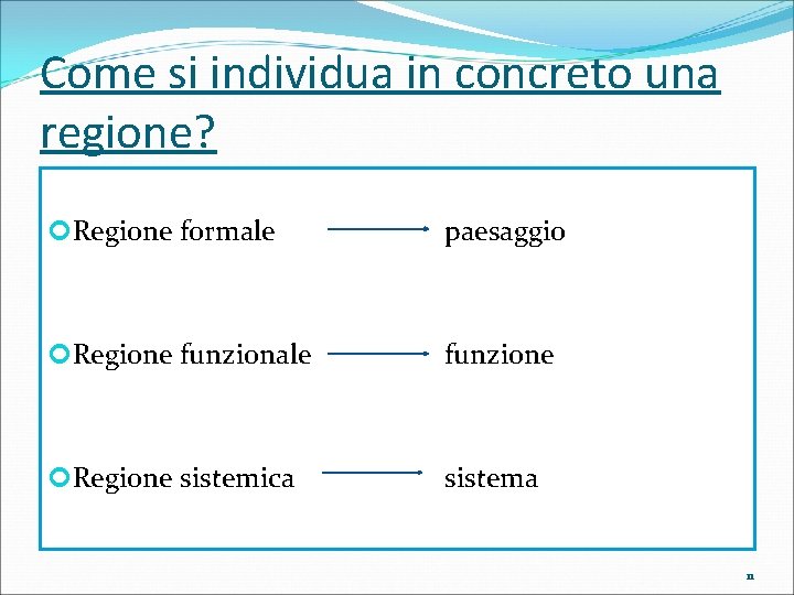 Come si individua in concreto una regione? Regione formale paesaggio Regione funzionale funzione Regione