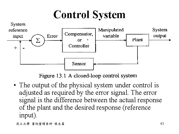 Control System • The output of the physical system under control is adjusted as