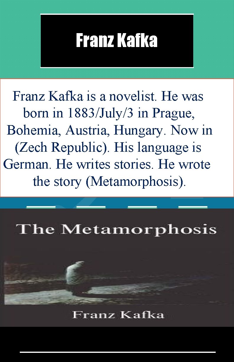 Franz Kafka is a novelist. He was born in 1883/July/3 in Prague, Bohemia, Austria,