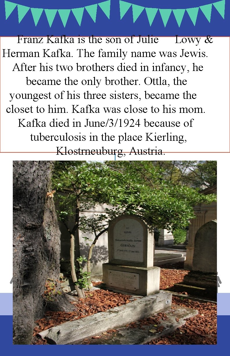 Franz Kafka is the son of Julie Lowy & Herman Kafka. The family name