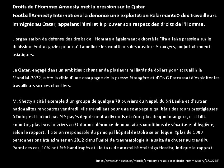 Droits de l'Homme: Amnesty met la pression sur le Qatar Football. Amnesty International a