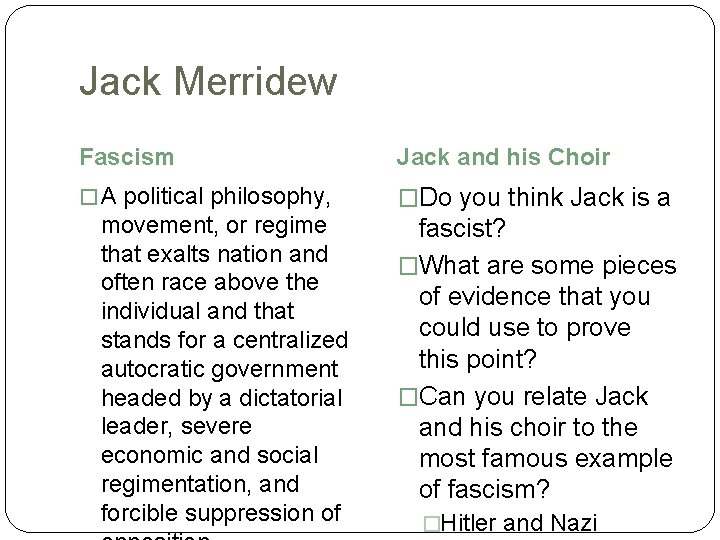 Jack Merridew Fascism Jack and his Choir � A political philosophy, �Do you think