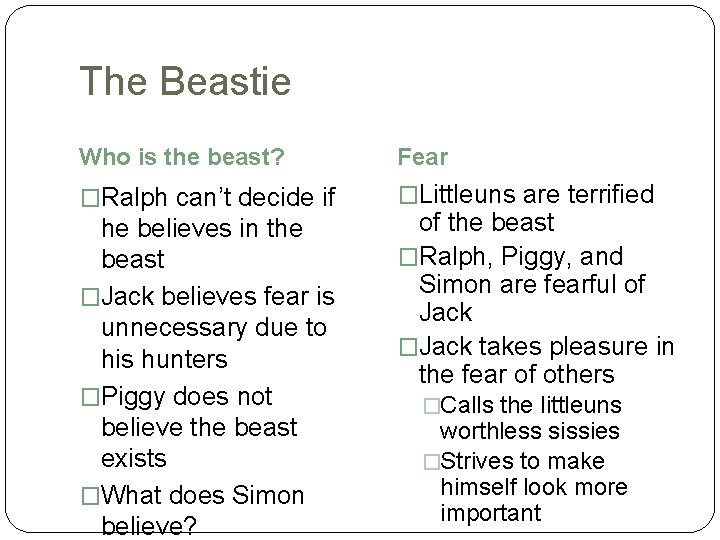 The Beastie Who is the beast? Fear �Ralph can’t decide if �Littleuns are terrified