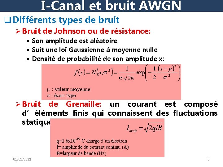 I-Canal et bruit AWGN q Différents types de bruit Ø Bruit de Johnson ou