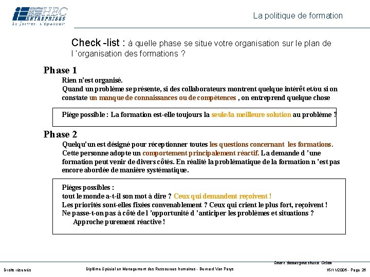 La politique de formation Check -list : à quelle phase se situe votre organisation