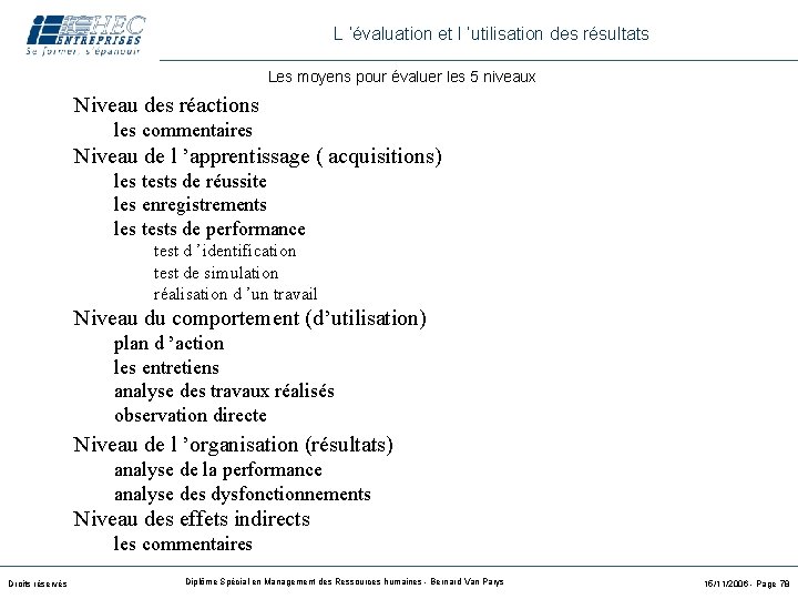 L ’évaluation et l ’utilisation des résultats Les moyens pour évaluer les 5 niveaux