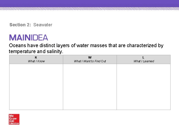 Section 2: Seawater Oceans have distinct layers of water masses that are characterized by