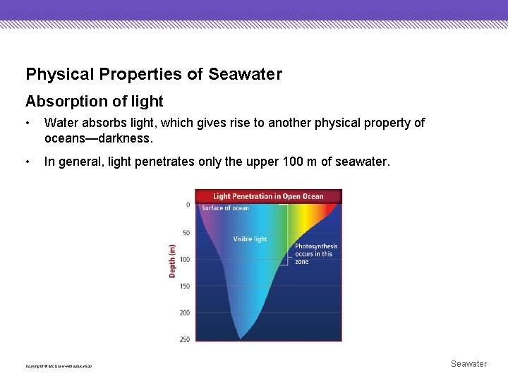 Physical Properties of Seawater Absorption of light • Water absorbs light, which gives rise